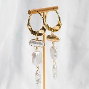 For Love And Lemons Gold Hammered Hoop Earrings with White Baroque Pearls